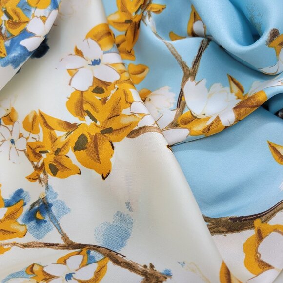 Luxurious Elegant Silky Square Scarf Blue White Orange Floral Blossom Wrap hijab - Picture 2 of 4